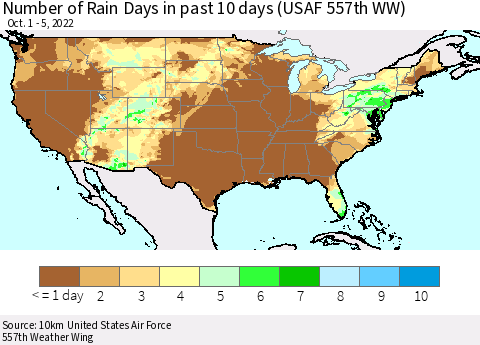 United States Number of Rain Days in past 10 days (USAF 557th WW) Thematic Map For 10/1/2022 - 10/5/2022