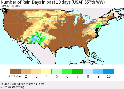 United States Number of Rain Days in past 10 days (USAF 557th WW) Thematic Map For 10/6/2022 - 10/10/2022