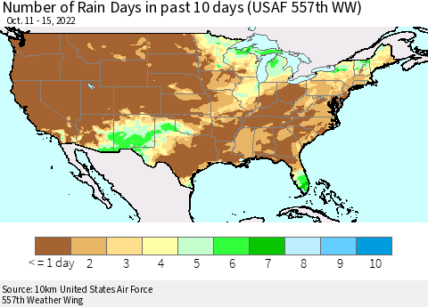 United States Number of Rain Days in past 10 days (USAF 557th WW) Thematic Map For 10/11/2022 - 10/15/2022