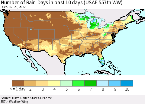 United States Number of Rain Days in past 10 days (USAF 557th WW) Thematic Map For 10/16/2022 - 10/20/2022