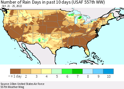 United States Number of Rain Days in past 10 days (USAF 557th WW) Thematic Map For 10/21/2022 - 10/25/2022