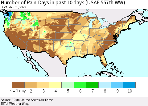 United States Number of Rain Days in past 10 days (USAF 557th WW) Thematic Map For 10/26/2022 - 10/31/2022