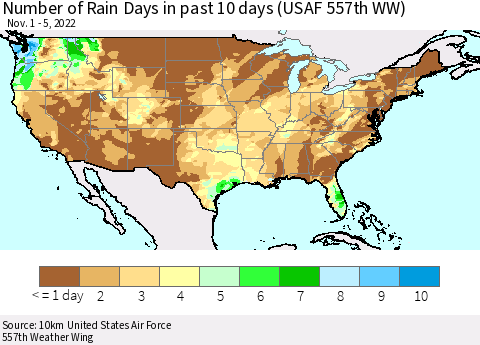 United States Number of Rain Days in past 10 days (USAF 557th WW) Thematic Map For 11/1/2022 - 11/5/2022