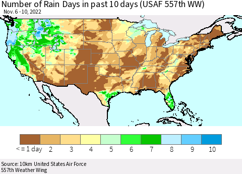 United States Number of Rain Days in past 10 days (USAF 557th WW) Thematic Map For 11/6/2022 - 11/10/2022