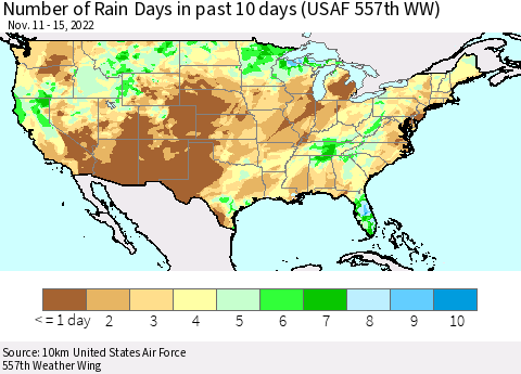 United States Number of Rain Days in past 10 days (USAF 557th WW) Thematic Map For 11/11/2022 - 11/15/2022