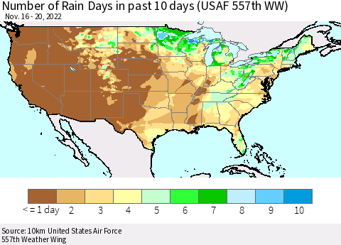 United States Number of Rain Days in past 10 days (USAF 557th WW) Thematic Map For 11/16/2022 - 11/20/2022