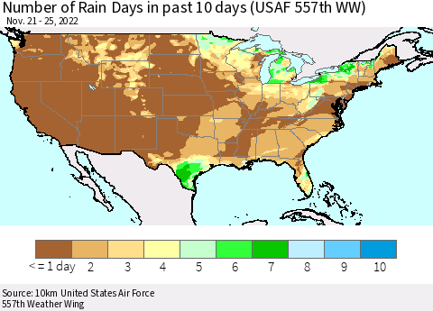 United States Number of Rain Days in past 10 days (USAF 557th WW) Thematic Map For 11/21/2022 - 11/25/2022