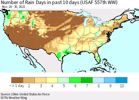 United States Number of Rain Days in past 10 days (USAF 557th WW) Thematic Map For 11/26/2022 - 11/30/2022