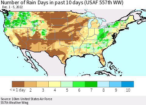 United States Number of Rain Days in past 10 days (USAF 557th WW) Thematic Map For 12/1/2022 - 12/5/2022