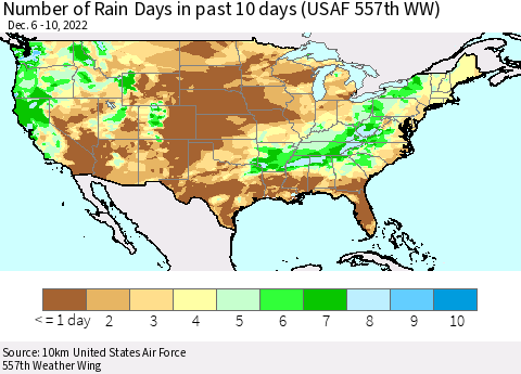 United States Number of Rain Days in past 10 days (USAF 557th WW) Thematic Map For 12/6/2022 - 12/10/2022
