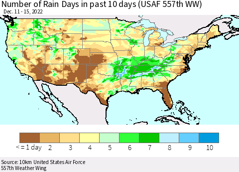 United States Number of Rain Days in past 10 days (USAF 557th WW) Thematic Map For 12/11/2022 - 12/15/2022