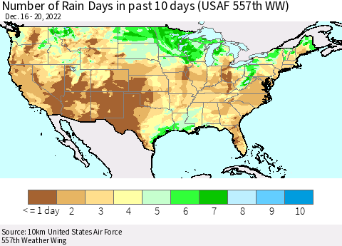 United States Number of Rain Days in past 10 days (USAF 557th WW) Thematic Map For 12/16/2022 - 12/20/2022