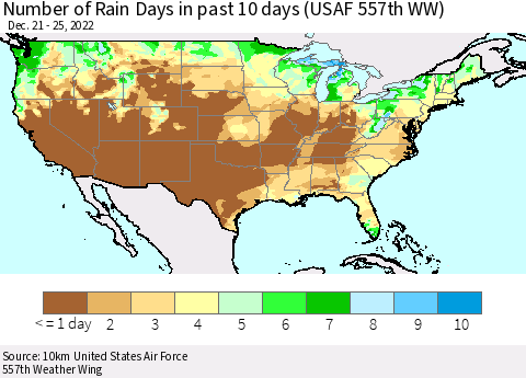 United States Number of Rain Days in past 10 days (USAF 557th WW) Thematic Map For 12/21/2022 - 12/25/2022
