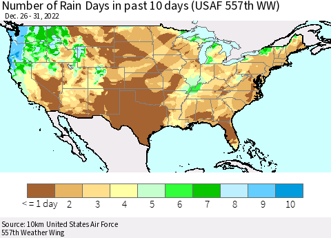 United States Number of Rain Days in past 10 days (USAF 557th WW) Thematic Map For 12/26/2022 - 12/31/2022
