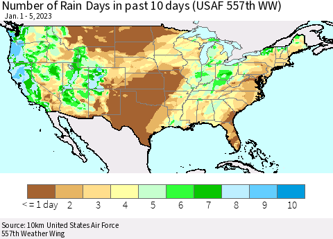 United States Number of Rain Days in past 10 days (USAF 557th WW) Thematic Map For 1/1/2023 - 1/5/2023