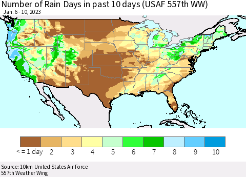 United States Number of Rain Days in past 10 days (USAF 557th WW) Thematic Map For 1/6/2023 - 1/10/2023
