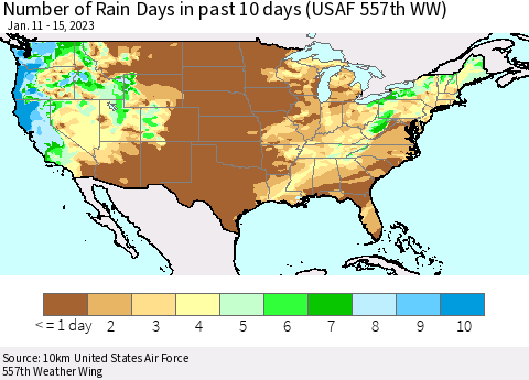United States Number of Rain Days in past 10 days (USAF 557th WW) Thematic Map For 1/11/2023 - 1/15/2023