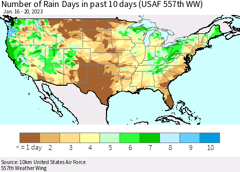 United States Number of Rain Days in past 10 days (USAF 557th WW) Thematic Map For 1/16/2023 - 1/20/2023