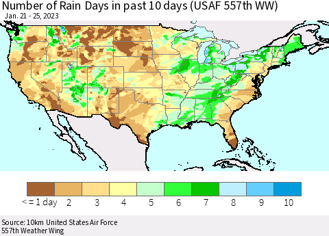 United States Number of Rain Days in past 10 days (USAF 557th WW) Thematic Map For 1/21/2023 - 1/25/2023