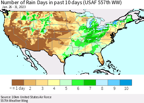 United States Number of Rain Days in past 10 days (USAF 557th WW) Thematic Map For 1/26/2023 - 1/31/2023