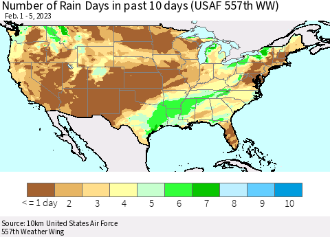 United States Number of Rain Days in past 10 days (USAF 557th WW) Thematic Map For 2/1/2023 - 2/5/2023