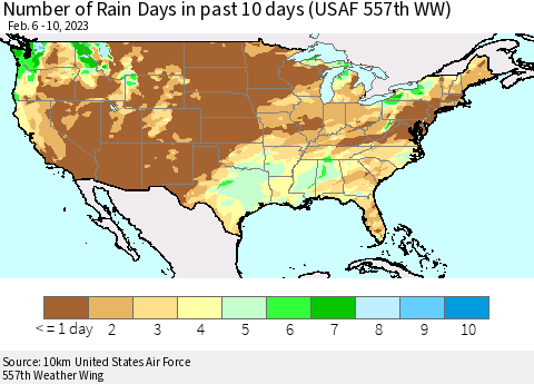United States Number of Rain Days in past 10 days (USAF 557th WW) Thematic Map For 2/6/2023 - 2/10/2023