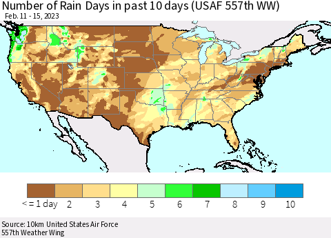United States Number of Rain Days in past 10 days (USAF 557th WW) Thematic Map For 2/11/2023 - 2/15/2023