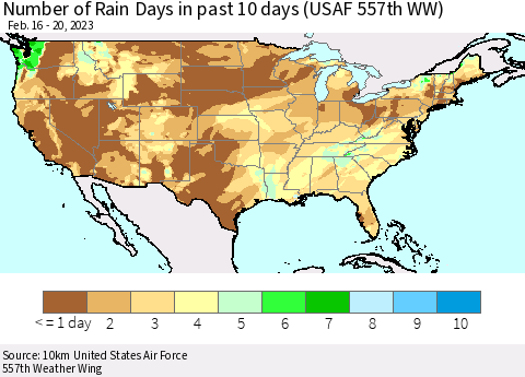 United States Number of Rain Days in past 10 days (USAF 557th WW) Thematic Map For 2/16/2023 - 2/20/2023