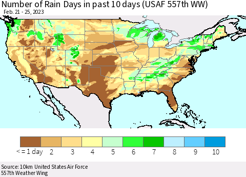 United States Number of Rain Days in past 10 days (USAF 557th WW) Thematic Map For 2/21/2023 - 2/25/2023