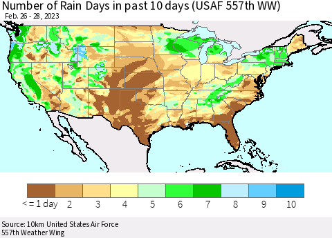 United States Number of Rain Days in past 10 days (USAF 557th WW) Thematic Map For 2/26/2023 - 2/28/2023
