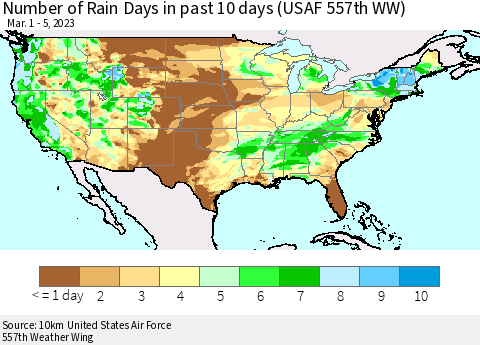 United States Number of Rain Days in past 10 days (USAF 557th WW) Thematic Map For 3/1/2023 - 3/5/2023