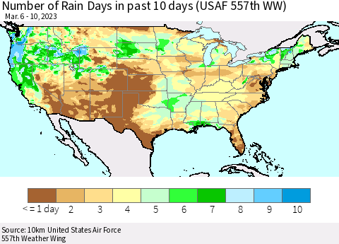 United States Number of Rain Days in past 10 days (USAF 557th WW) Thematic Map For 3/6/2023 - 3/10/2023