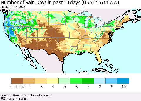 United States Number of Rain Days in past 10 days (USAF 557th WW) Thematic Map For 3/11/2023 - 3/15/2023