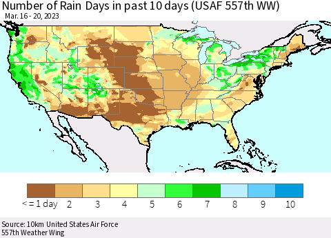 United States Number of Rain Days in past 10 days (USAF 557th WW) Thematic Map For 3/16/2023 - 3/20/2023