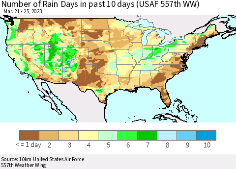 United States Number of Rain Days in past 10 days (USAF 557th WW) Thematic Map For 3/21/2023 - 3/25/2023