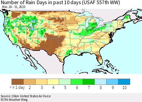 United States Number of Rain Days in past 10 days (USAF 557th WW) Thematic Map For 3/26/2023 - 3/31/2023