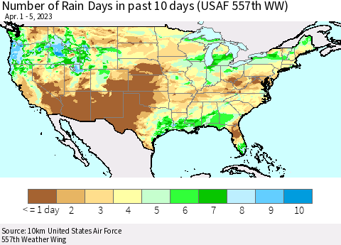 United States Number of Rain Days in past 10 days (USAF 557th WW) Thematic Map For 4/1/2023 - 4/5/2023
