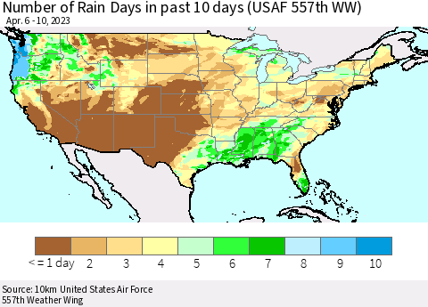 United States Number of Rain Days in past 10 days (USAF 557th WW) Thematic Map For 4/6/2023 - 4/10/2023