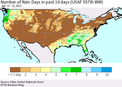 United States Number of Rain Days in past 10 days (USAF 557th WW) Thematic Map For 4/11/2023 - 4/15/2023