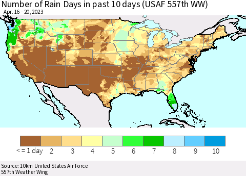 United States Number of Rain Days in past 10 days (USAF 557th WW) Thematic Map For 4/16/2023 - 4/20/2023