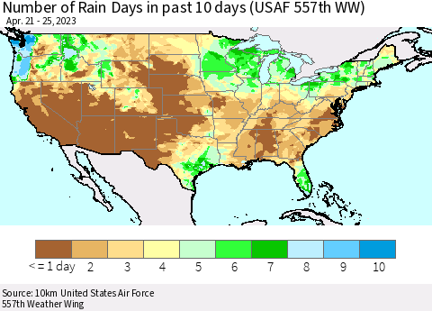 United States Number of Rain Days in past 10 days (USAF 557th WW) Thematic Map For 4/21/2023 - 4/25/2023