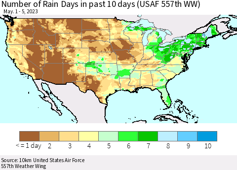 United States Number of Rain Days in past 10 days (USAF 557th WW) Thematic Map For 5/1/2023 - 5/5/2023