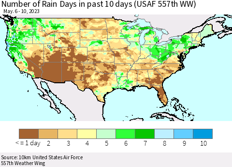 United States Number of Rain Days in past 10 days (USAF 557th WW) Thematic Map For 5/6/2023 - 5/10/2023