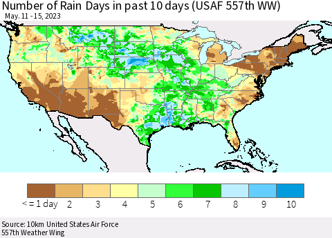 United States Number of Rain Days in past 10 days (USAF 557th WW) Thematic Map For 5/11/2023 - 5/15/2023