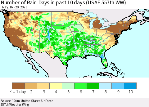 United States Number of Rain Days in past 10 days (USAF 557th WW) Thematic Map For 5/16/2023 - 5/20/2023