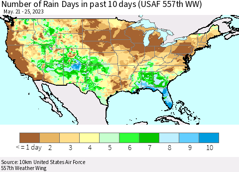 United States Number of Rain Days in past 10 days (USAF 557th WW) Thematic Map For 5/21/2023 - 5/25/2023