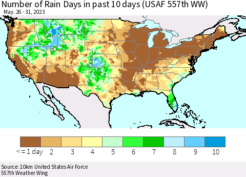 United States Number of Rain Days in past 10 days (USAF 557th WW) Thematic Map For 5/26/2023 - 5/31/2023