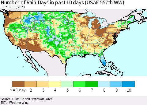 United States Number of Rain Days in past 10 days (USAF 557th WW) Thematic Map For 6/6/2023 - 6/10/2023