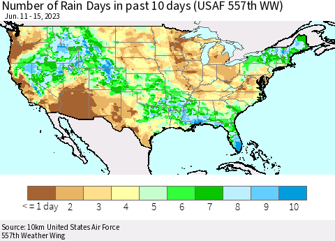 United States Number of Rain Days in past 10 days (USAF 557th WW) Thematic Map For 6/11/2023 - 6/15/2023