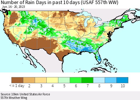 United States Number of Rain Days in past 10 days (USAF 557th WW) Thematic Map For 6/16/2023 - 6/20/2023